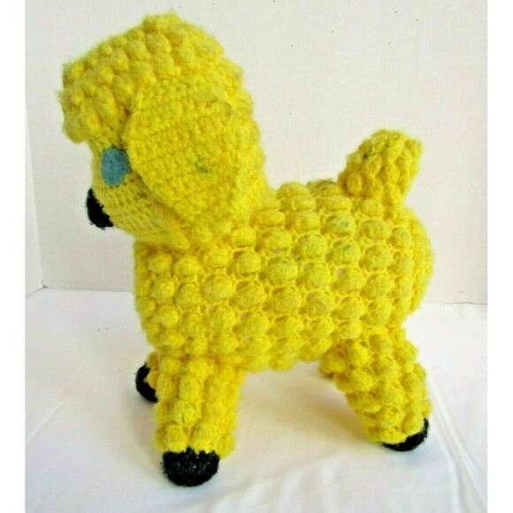 Baby Lamb Vintage Handmade Crochet Yellow Sheep Stuffed Animal Plush Toy - Picture 4 of 7